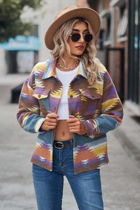 Women's printed collared button front jacket