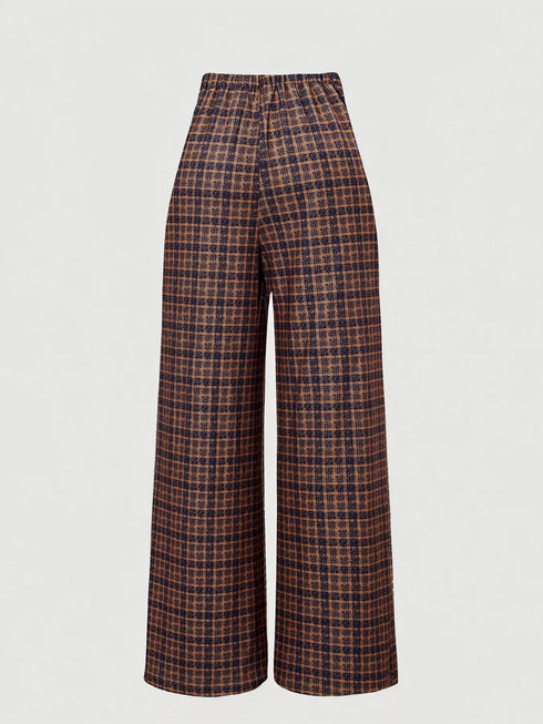 Back view of brown plaid wide-leg trousers on white