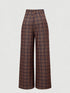 Back view of brown plaid wide-leg trousers on white