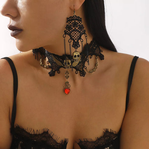 Halloween Skull Jewelry Set - Lace Necklace & Earrings - Twice The Charm Boutique