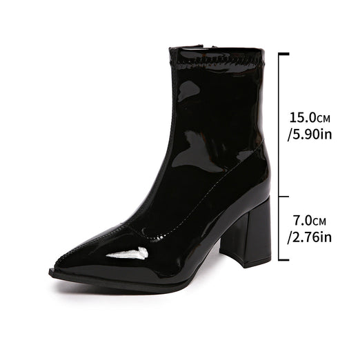 Black ankle boot measurement image showing 15 cm shaft and 7 cm heel
