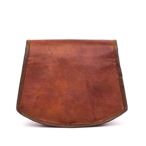 Back of brown Bennett leather crossbody bag with curved lower edge