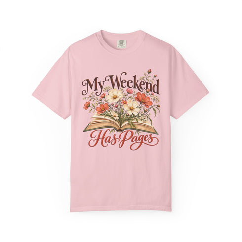 My Weekend Has Pages Comfort Colors tee in Blossom, front view with open book, colorful flowers and vintage-style lettering