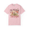 My Weekend Has Pages Comfort Colors tee in Blossom, front view with open book, colorful flowers and vintage-style lettering
