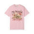 My Weekend Has Pages Comfort Colors tee in Blossom, front view with open book, colorful flowers and vintage-style lettering