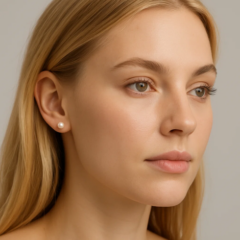 White pearl stud earring worn on an ear