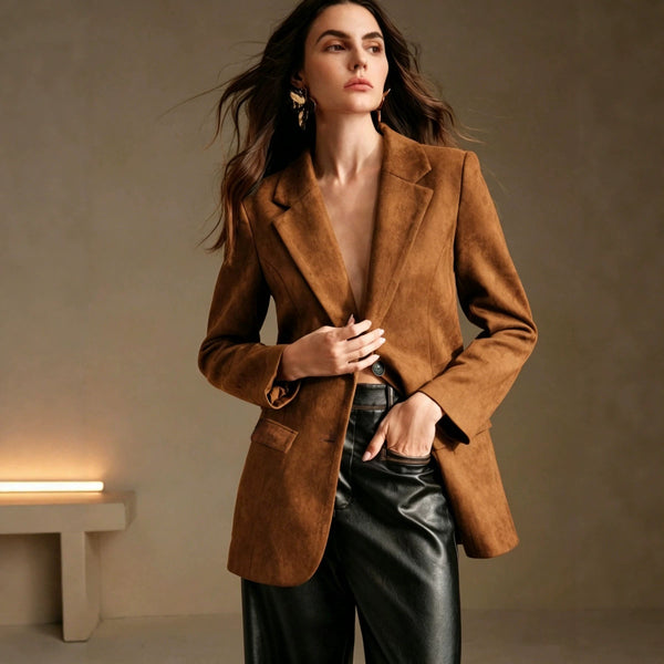 Camel suede-look blazer worn open with black trousers