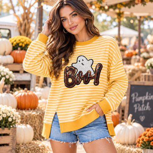 Halloween Ghost Long Sleeve Top - Sequin BOO Split Hem - Twice The Charm Boutique