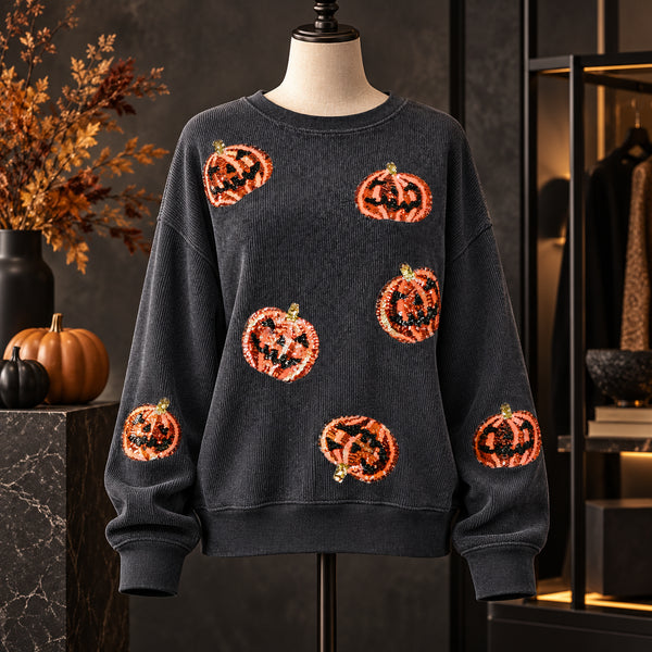 Women's Sequin Pumpkin Sweatshirt - Dark Gray Crewneck - Twice The Charm Boutique