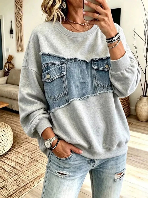 Plus Size Denim Patchwork Sweatshirt - Raw Hem Detail - Twice The Charm Boutique