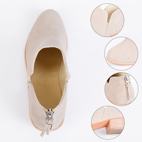 Beige ankle boot close-ups showing toe, zipper and heel