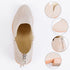 Beige ankle boot close-ups showing toe, zipper and heel