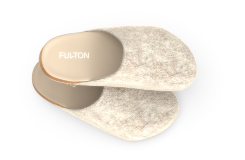 Beige Fulton House Shoes overlapping on white, top view of footbeds
