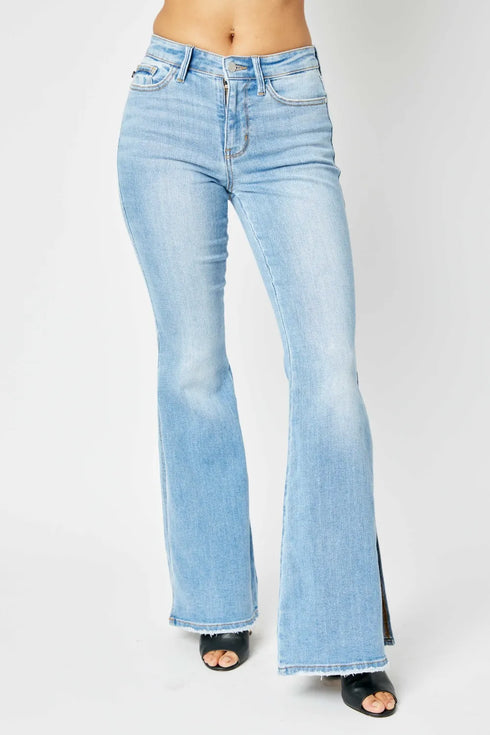 Judy Blue light-wash mid-rise flare jeans, full front view
