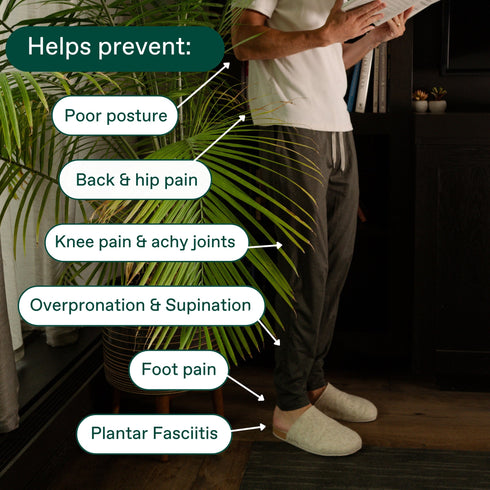 Supplier graphic of beige house shoes with listed posture and pain claims