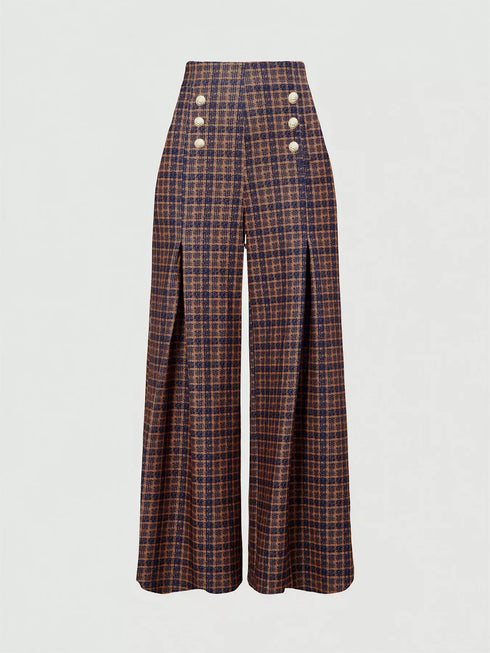 Front view of brown plaid trousers with decorative button rows on white