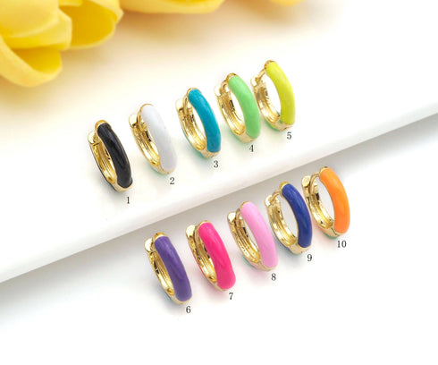 Ten enamel hoop earring colors numbered on a white display