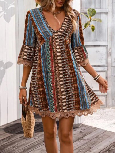 Lace Trim Printed V-Neck 3/4 Sleeve Dress - Twice The Charm Boutique