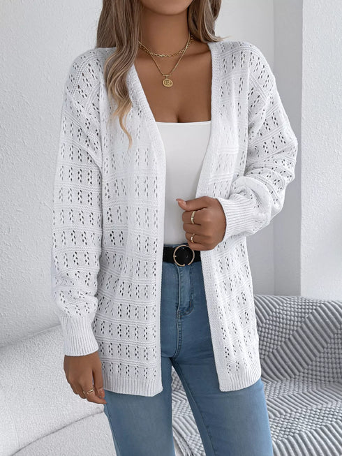 White crochet-knit cardigan, full front view showing openwork panels