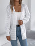 White crochet-knit cardigan, full front view showing openwork panels