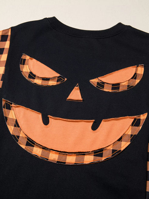 Women's Halloween Pumpkin Top - Plaid Patchwork Face - Twice The Charm Boutique