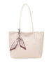 Beige woven tote with long handles and scarf accent on white