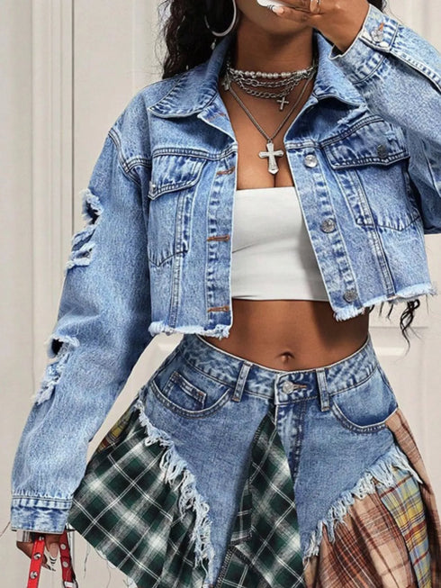 Blue distressed cropped denim jacket with raw hem for women