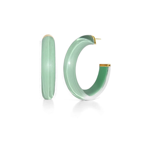 Pale green Lucite hoop earrings with gold-tone posts