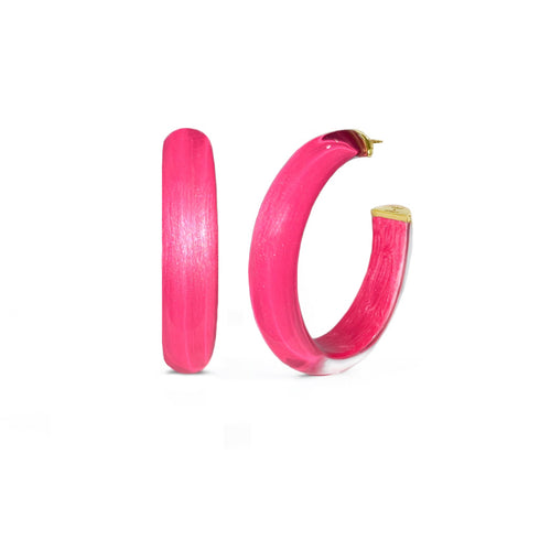 Bright pink Lucite Illusion hoop earrings with gold-tone details