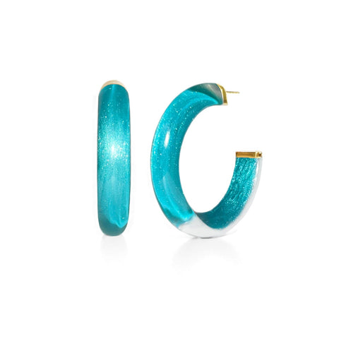Teal Illusion Lucite hoop earrings with a shimmery finish