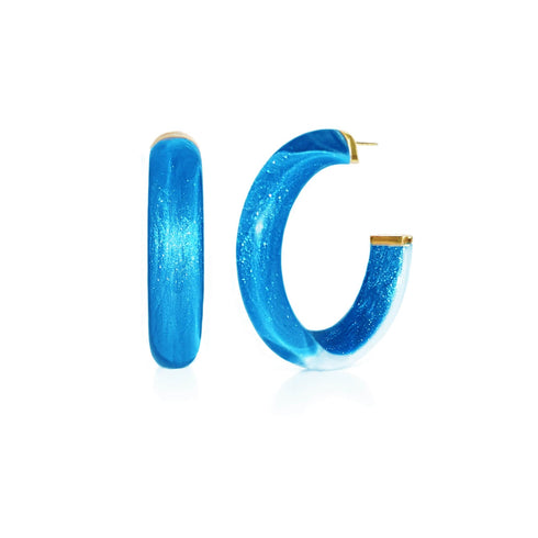Bright blue Illusion Lucite hoops shown as a pair