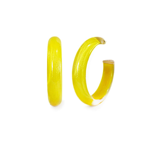 Yellow Lucite Illusion hoop earrings with clear side profile