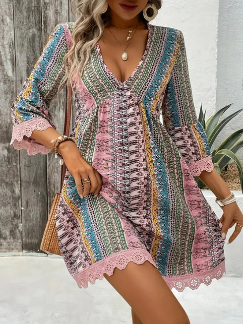 Lace Trim Printed V-Neck 3/4 Sleeve Dress - Twice The Charm Boutique