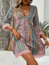 Lace Trim Printed V-Neck 3/4 Sleeve Dress - Twice The Charm Boutique