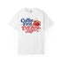 Coffee First Cute Things Later Comfort Colors tee in White, front view with red coffee cup, navy and red lettering and gold-tone sparkles