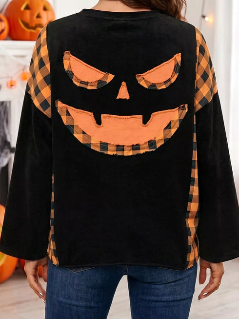 Women's Halloween Pumpkin Top - Plaid Patchwork Face - Twice The Charm Boutique