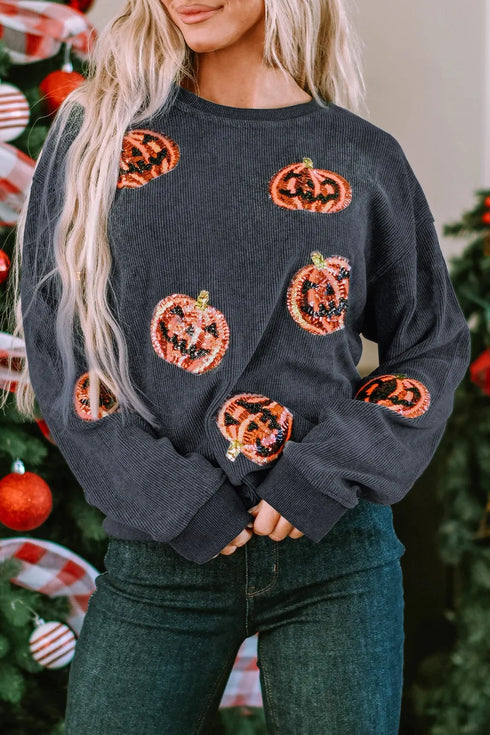 Women's Sequin Pumpkin Sweatshirt - Dark Gray Crewneck - Twice The Charm Boutique