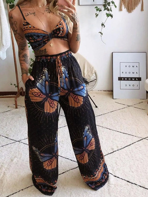 Women's Butterfly Print Two-Piece Set - Wide-Leg Pants - Twice The Charm Boutique