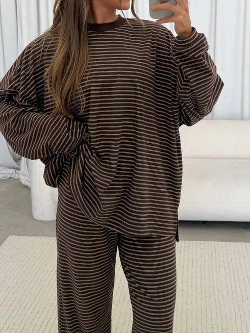 Striped Pajama Set - Dropped Shoulder Top & Pants - Twice The Charm Boutique