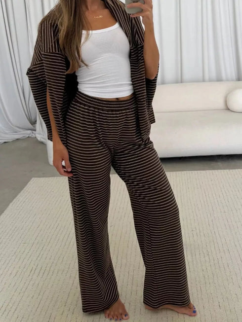 Striped Pajama Set - Dropped Shoulder Top & Pants - Twice The Charm Boutique