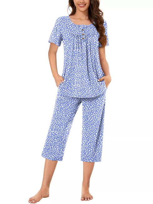 Printed Capri Pajama Set - Button Top & Cropped Pants - Twice The Charm Boutique