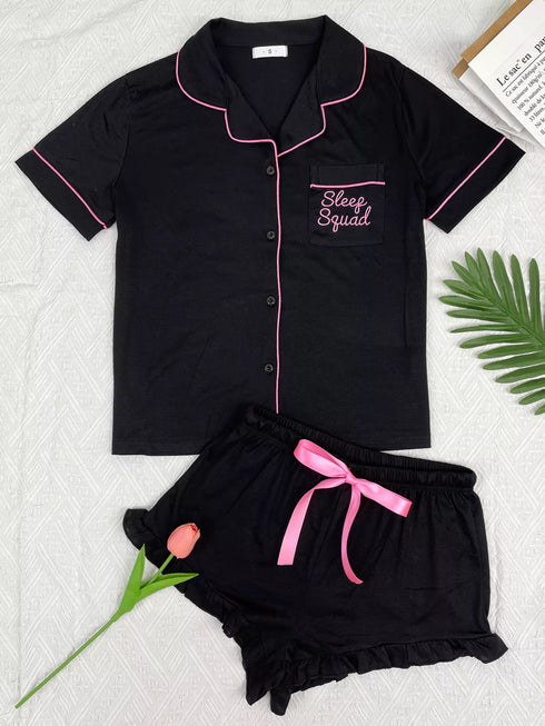 Button Down Pajama Set - Contrast Piping & Ruffle Shorts - Twice The Charm Boutique