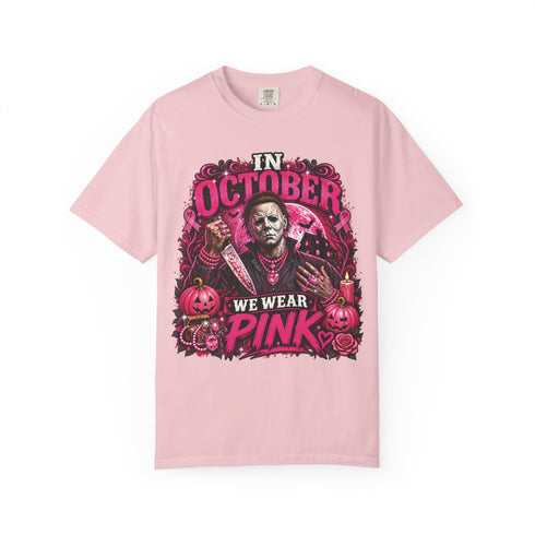 Blossom pink Michael Myers Halloween graphic tee with rose details
