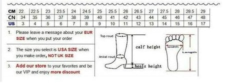 Supplier boot size chart with numbered sizes, foot lengths and U.S. conversions