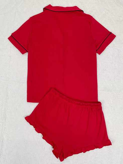 Button Down Pajama Set - Contrast Piping & Ruffle Shorts - Twice The Charm Boutique