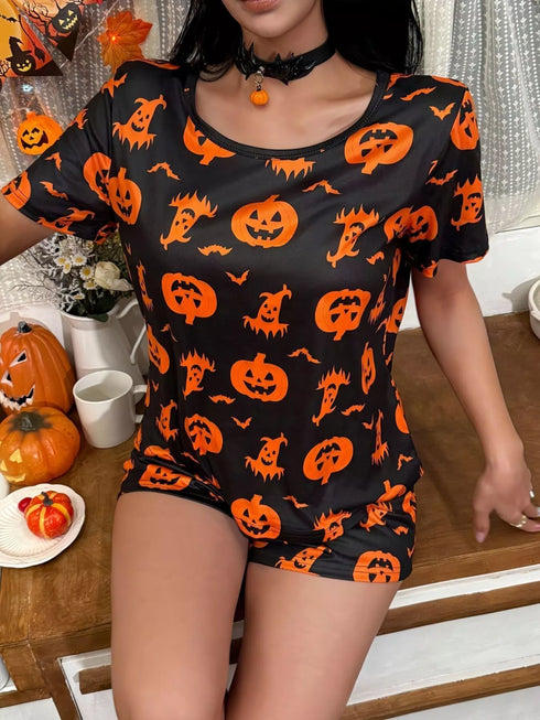 Halloween Pajama Set - Short Sleeve Top & Drawstring Shorts - Twice The Charm Boutique