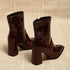 Rear view of Brown glossy ankle boots showing chunky heels