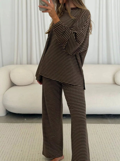 Striped Pajama Set - Dropped Shoulder Top & Pants - Twice The Charm Boutique