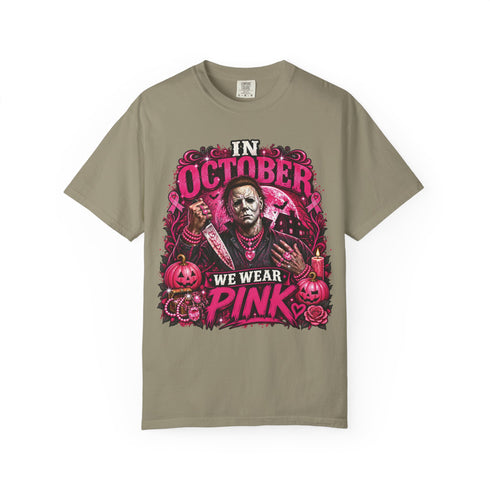 Sandstone Michael Myers tee with pink lettering and haunted-house artwork