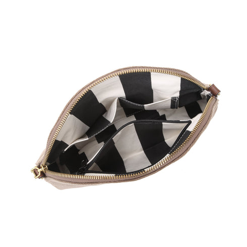 Open Hopper crossbody showing black and white striped lining and pockets
